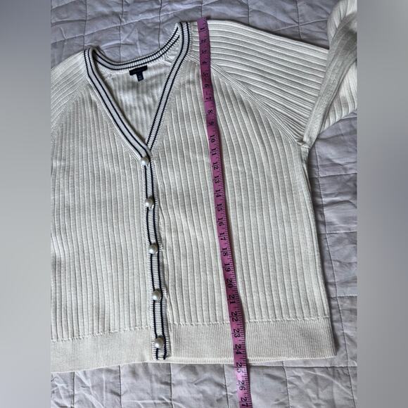 Talbots Cream Navy Trim V Neck Rib Knit Cardigan Sweater Old Money Preppy - XL - Picture 6 of 9